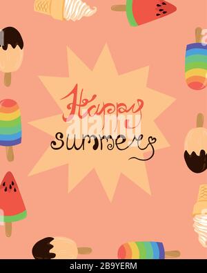 Hello summer. Bright postcard. Ice cream, multi-colored letters. Design flyer, advertising. Stock Vector