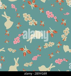 bunnies and spring flora seamless vector pattern Stock Vector
