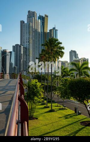 Panama City ocean promenade, Cinta Costera Balboa avenue / sidewalk with skyline backgound, Panama City, Central America Stock Photo