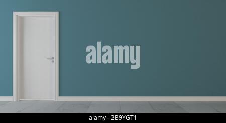 White wooden door with blue wall and white stone floor 3D rendering Stock Photo