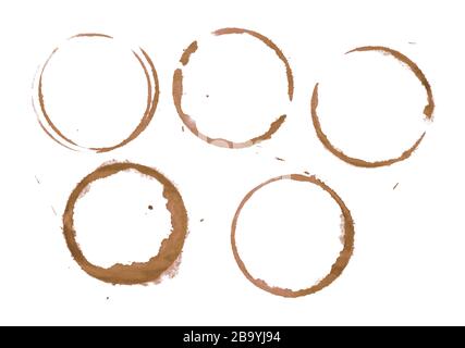 Dry brown coffee cup or mug ring stains and blob drops isolated on white background Stock Photo
