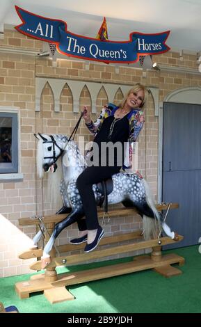 May 21, 2018 - London, England, UK - RHS Chelsea Flower Show Press Day Photo Shows: Joanna Lumley rides a rocking horse on the Stevenson Brothers trad Stock Photo