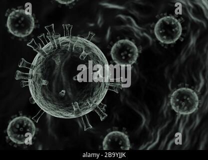 Black white image of coronavirus on blank background, close-up Stock Photo