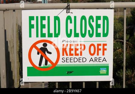 Vancouver, Canada - February 29,2020: Close up View of sign 'Field Closed Please Keep Off Seeded Area' near Museum Of Vancouver