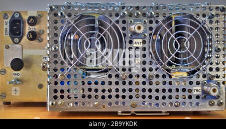 Rear panel of a high frequency power amplifier with vacuum tubes close up view Stock Photo