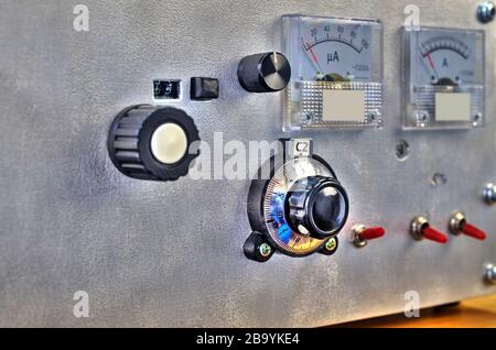 Front panel of a high frequency power amplifier with vacuum tubes close up view Stock Photo