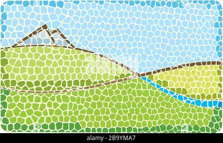 Vector illustration. Cracked icon of a green valley with river and mountains. Stock Vector
