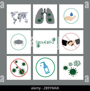 Big vector set of flat icons - world coronavirus pandemic Stock Vector