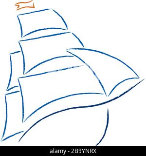 Vector illustration. Lineal boat icon with grunge lines in blue and orange. Stock Vector