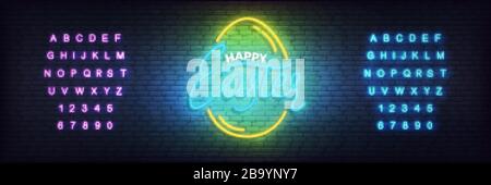 Easter neon template. Glowing label for Easter and alphabet Stock Vector