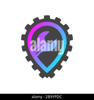 Car repair shop sign in the form of a mark on the map with a wrench. Vector illustration Stock Vector