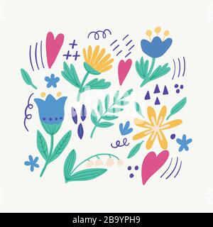 Set of vector images of blue, yellow flowers, leaves and small objects on white background. For the design of postcards, wrapping paper, prints on Stock Vector
