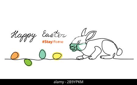 Easter bunny, rabbit in face mask and color eggs vector banner. Stock Vector