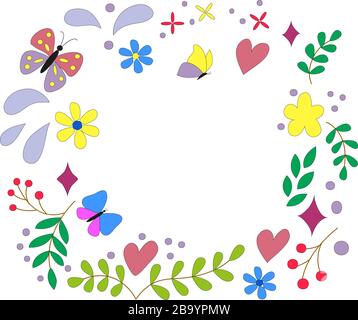 Frame of flowers, butterflies, leaves on a white background in vector graphics. For the design of cards, invitations, congratulations, prints on t Stock Vector