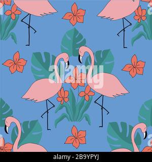 Seamless pattern with the image of pink flamingos, red flowers and leaves on a blue background. For the design of wallpapers, textiles, phone covers Stock Vector