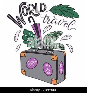 Vector illustration on the theme of travel - a suitcase, tropical leaves and the inscription - world travel, on a white background. For the design of Stock Vector