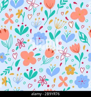 Seamles pattern on a blue background in vector graphics - blue, red, yellow flowers, leaves. For the design of wrapping paper, textiles, wallpaper Stock Vector