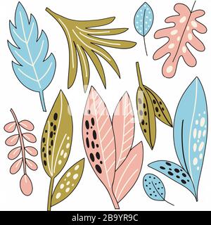 Botanical vector illustration - pink, blue, green leaves on a white background. For the design of wallpaper, textiles, prints on clothes, wrapping Stock Vector