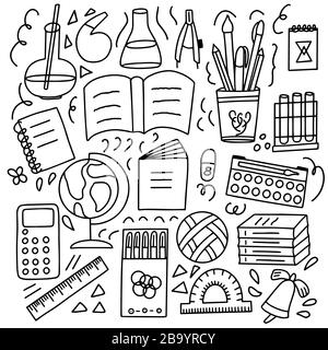 Vector illustration depicting school subjects in doodlestyle on a white background. For the design of prints on notebook, coloring Stock Vector