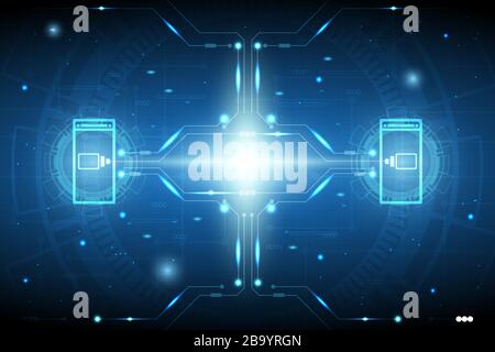 Concept technology background with glowing mobile phone and battery icon, circuit pattern and sparkle effect. Stock Vector