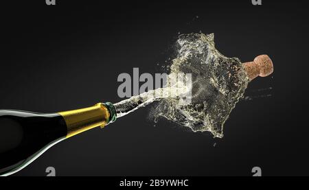detail of a cork of a bottle of champagne, splashes of wine and bubbles. 3d render. celebration concept, new year. Stock Photo