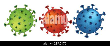 Cornoavirus molecules in green, blue and red versions. Pointilsm shading in three colourways, isolated on white background. EPS10 vector format. Stock Vector