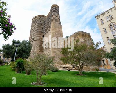 Maiden Tower in Baku, Azerbaijan in the Caucasus. Monument from the 12th century in the Old City listed as a UNESCO World Heritage Site. Stock Photo
