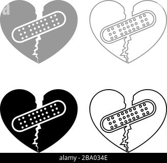Heart with patch connecting two halves icon outline set black grey color vector illustration flat style simple image Stock Vector