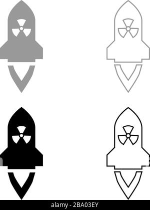 Atomic rocket flying Nuclear missile weapons Radioactive bomb Military concept icon outline set black grey color vector illustration flat style Stock Vector
