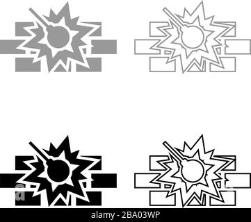 Working demolish machine on building construction Destroying brick wall with metal ball Wrecking house home concepting icon outline set black grey Stock Vector