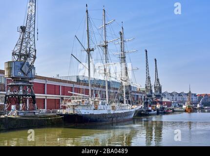 Three masted training ship for disabled sea-goers the SS Lord Nelson berthed at the M-Shed on Bristol Floating Harbour UK Stock Photo