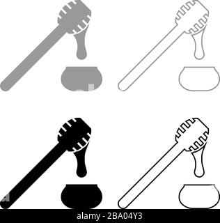 Honey drips from honey spoon into pot Stick with wooden and jar liquid nectar icon outline set black grey color vector illustration flat style simple Stock Vector