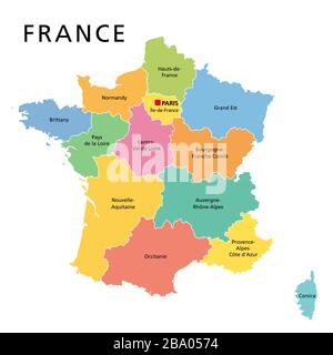 France, political map with multicolored regions of Metropolitan France. French Republic, capital Paris, administrative regions and prefectures. Stock Photo
