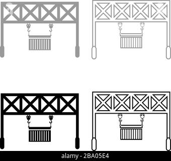 Port loader Railway crane with cargo container Lifting goods Logistic technology Terminal service icon outline set black grey color vector Stock Vector