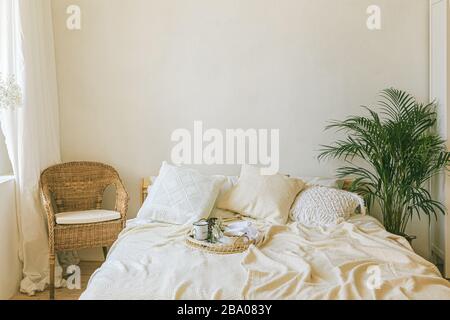 Modern romantic scandi boho style bedroom interior with decorative pillows, green plant and empty wall for poster or art mock-ups. Light warm cozy com Stock Photo