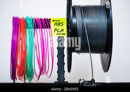 Loaded plastic filament on extruder with a sticky note that labels the variety of plastics used in 3d printing. Stock Photo