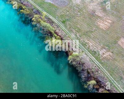 Drone flying over Sava river and Jarun lake in Zagreb Stock Photo