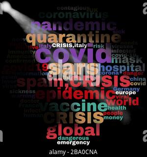 Coronavirus word tag cloud over covid19, stylish letters with black background. Stock Photo