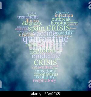 Coronavirus word tag cloud over covid19, stylish letters with black background. Stock Photo
