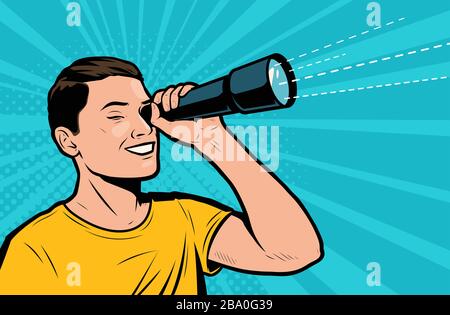 Happy man looking through spyglass. Retro comic pop art vector illustration Stock Vector