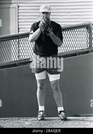 Red Sox pitcher Roger Clemens pracrices his pitching skills in the Red Sox bull pen during a day off at Fenway Park in Boston Ma USA exculsive photo by Bill Bellknap 1990’s Stock Photo