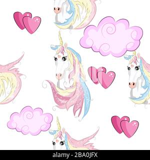 Seamless pattern with trendy cartoon patches. Unicorns, rainbows and hearts. Stock Vector