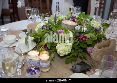 Wedding table decorations, floral table decorations at a wedding reception Stock Photo