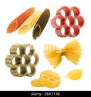 Set of various durum wheat pasta isolated on a white background. Stacked photo Stock Photo