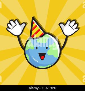 Cute Cartoon Illustration about Earth Day wearing Birthday Hat with Yellow Background Stock Vector