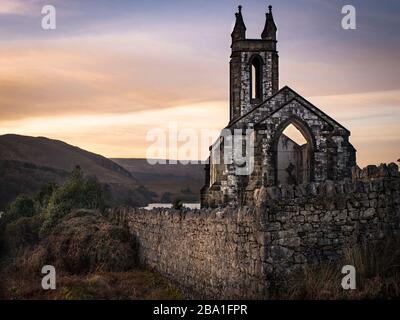 The historic ruins of Dunlewey Church located in west Donegal, Ireland,  An iconic beauty spot famous for its barren landscape and rich history. Stock Photo