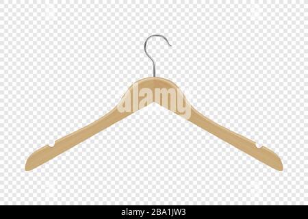 Vector 3d Realistic Clothes Coat Wooden Textured Hanger Icon Closeup Isolated on Transparent Background. Design Template, Clipart or Mockup for Stock Vector