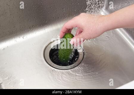 Food waste disposer machine in sink in modern kitchen Stock Photo