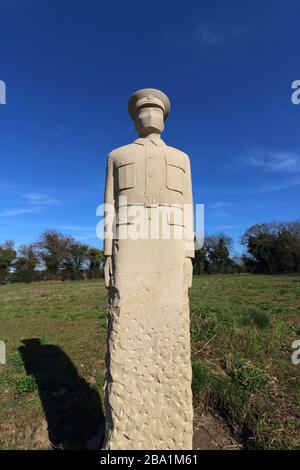 Carved Stone Soldier Sculptures at Langley Vale First World War Centenary Wood Surrey by sculptor Patrick Walls Stock Photo