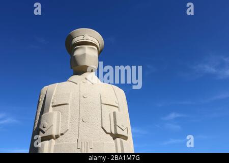 Carved Stone Soldier Sculptures at Langley Vale First World War Centenary Wood Surrey by sculptor Patrick Walls Stock Photo